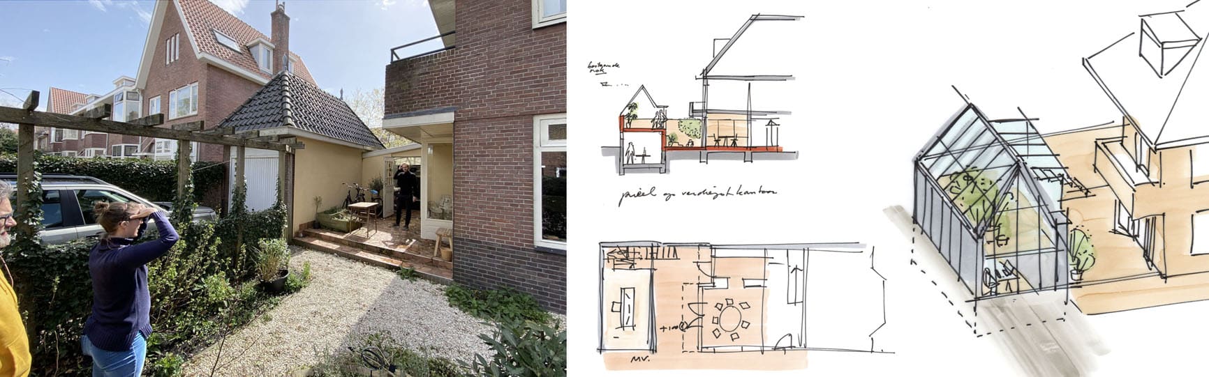 Bewoners bekijken hun huis met binnenhuisarchitect bergblick voor een renovatie en verbouwing.