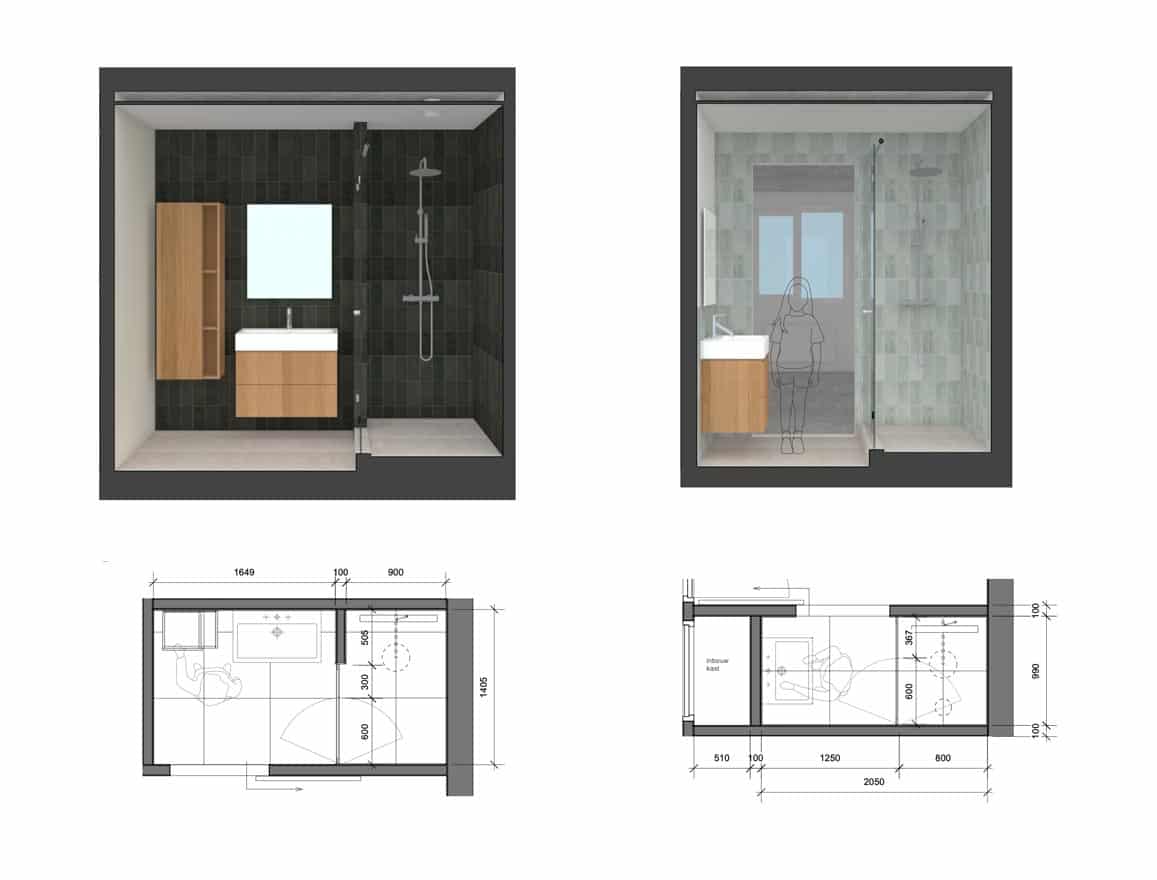 Twee badkamers in twee tinten groen zijn efficiënt en luxe ingericht door bergblick.