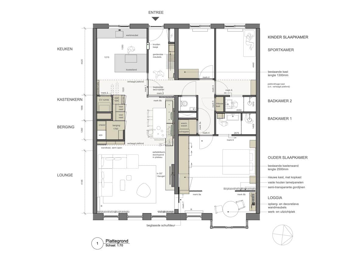 In de plattegrond toont duidelijk de ingrepen verspreid over het appartement.