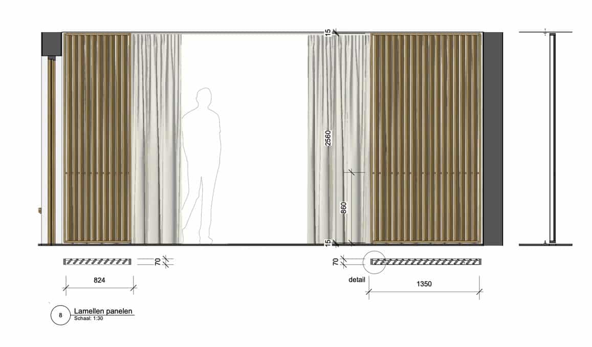 Het ontwerp van Bergblick voor de eiken lamelpanelen is transparant, stak maar warm, en variabel per ruime.