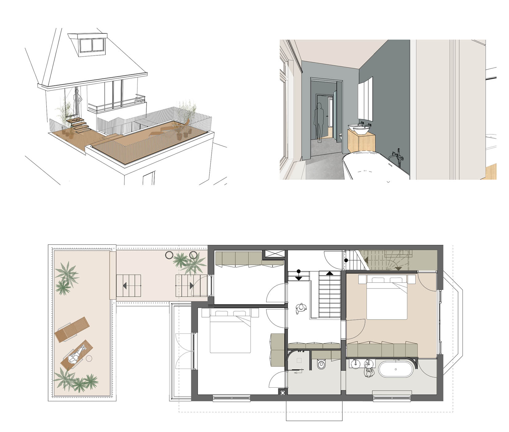 Jaren 30 woning renovatie ontwerp slaapkamer, badkamer, daktterras. Door binnenhuisarchitect Bergblick.