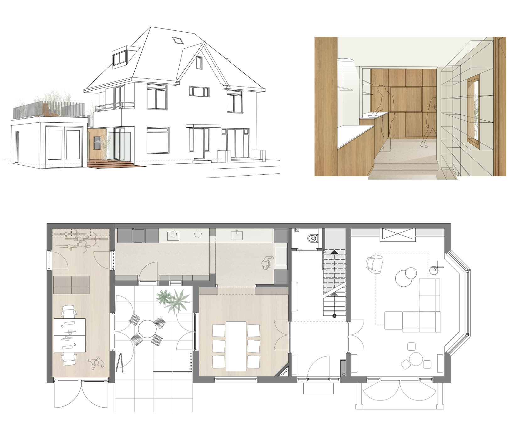 Jaren 30 woning renovatie ontwerp keuken, bijkeuken en thuiswerkplek rond de patio. Door binnenhuisarchitect